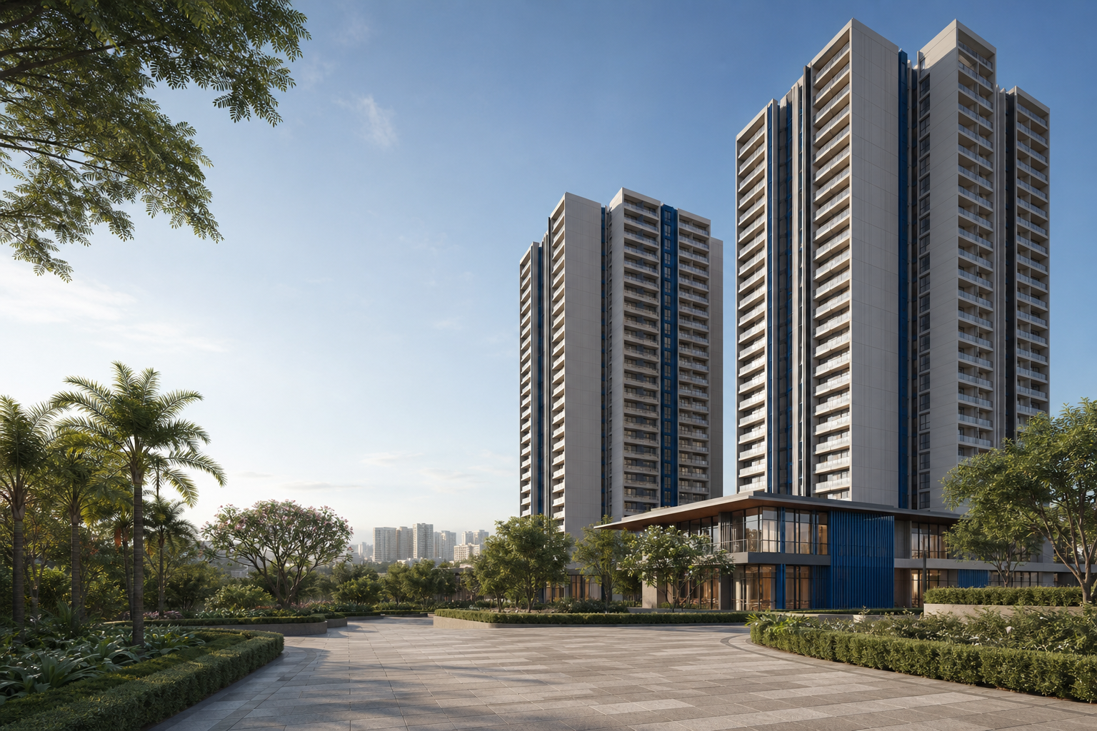 Brigade Banashankari apartment towers beyond a landscaped arrival court