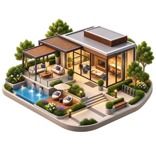 Brigade Banashankari community clubhouse with gathering pavilion, outdoor seating and landscaped edges