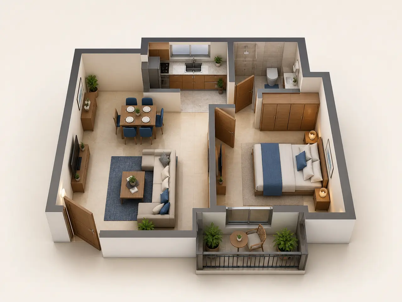 Generalized 3D planning concept for a one-bedroom apartment Generalized 3D planning concept for a one-bedroom apartment