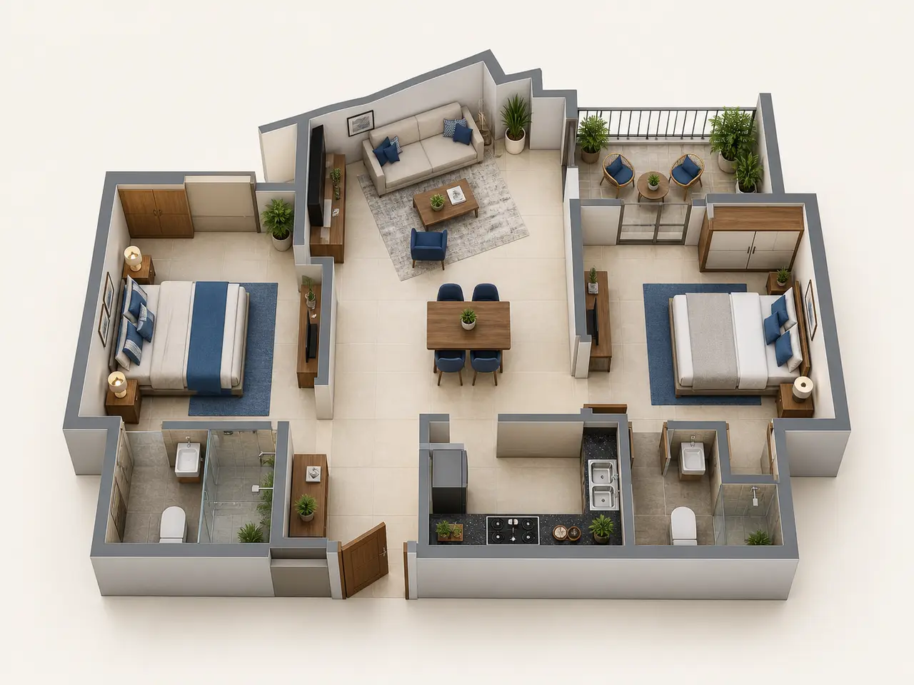 Generalized 3D planning concept for a two-bedroom apartment Generalized 3D planning concept for a two-bedroom apartment