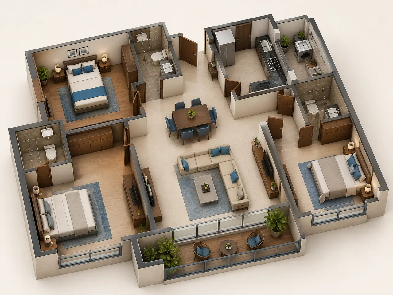 Generalized 3D planning concept for a three-bedroom apartment Generalized 3D planning concept for a three-bedroom apartment