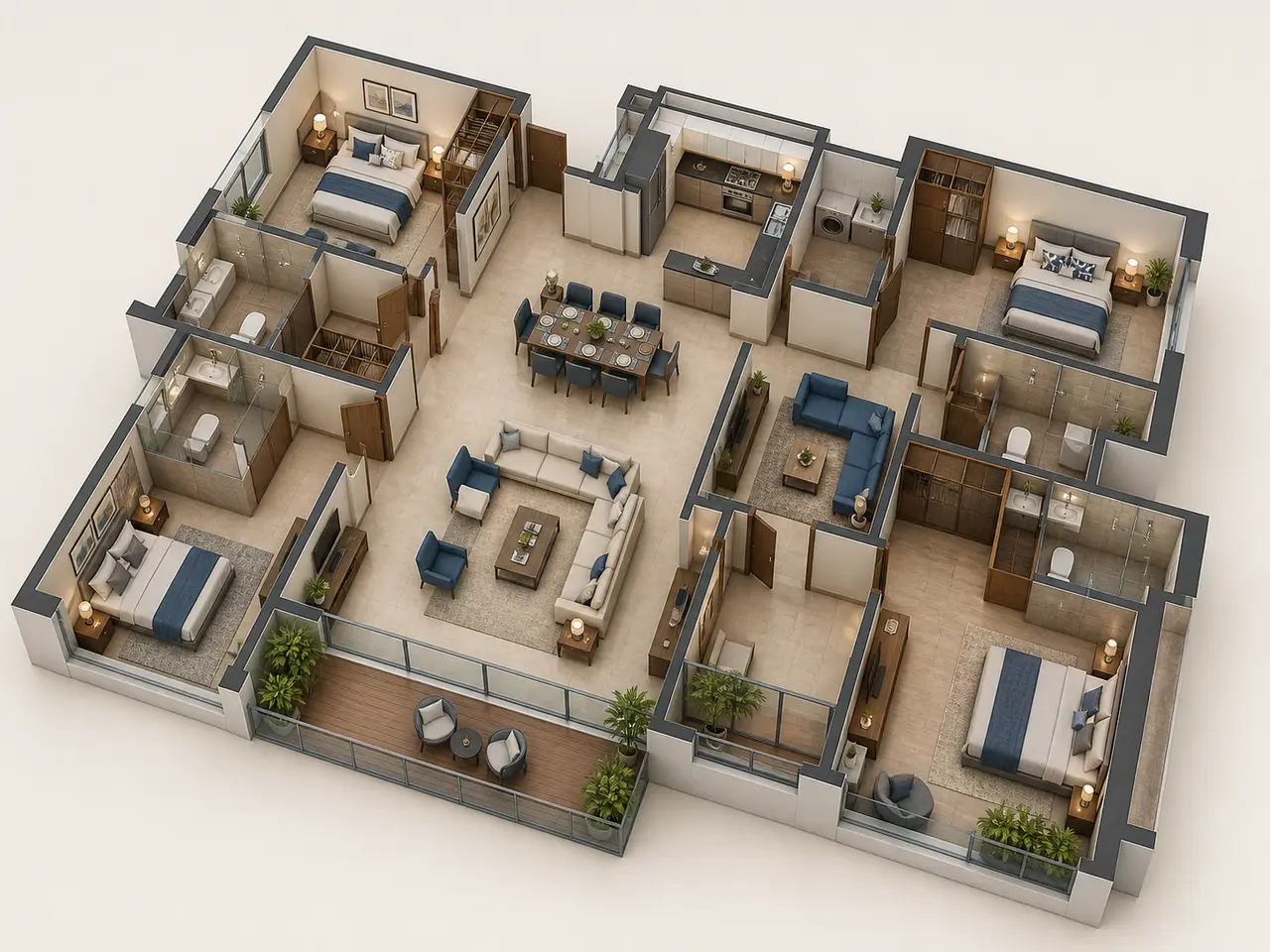 Generalized 3D planning concept for a four-bedroom apartment Generalized 3D planning concept for a four-bedroom apartment