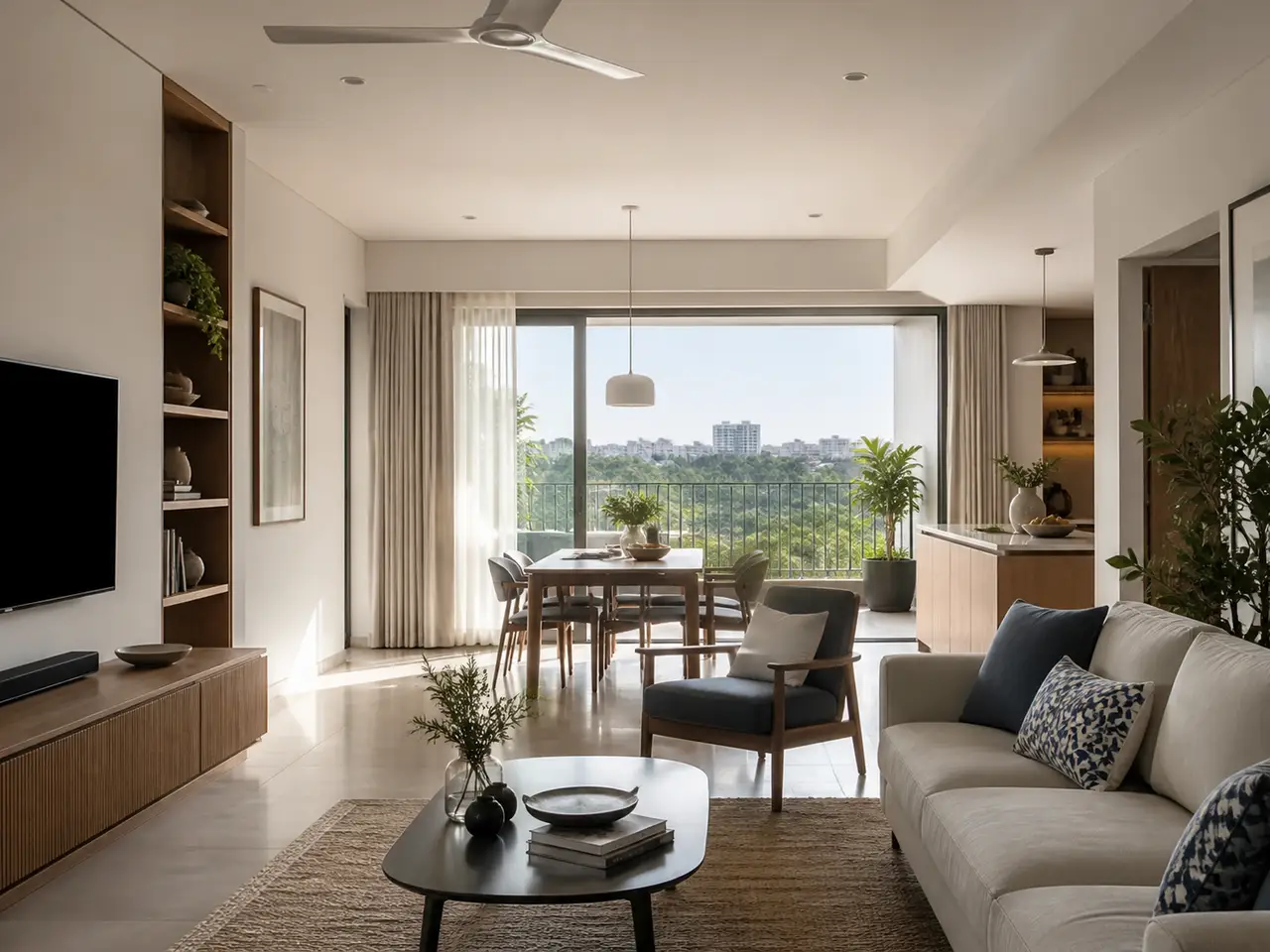 Contemporary apartment living and dining room opening to a planted balcony