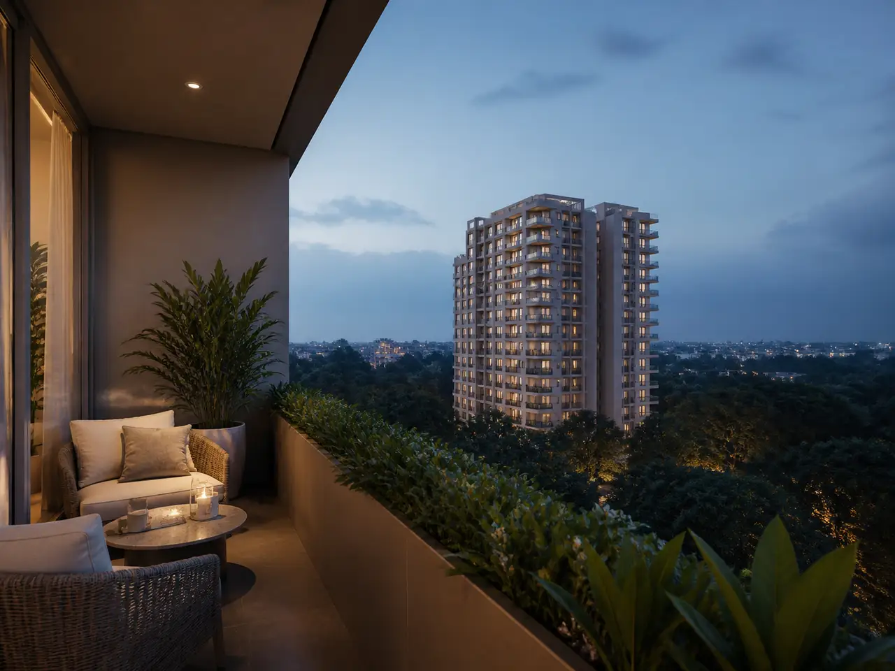Planted apartment balcony overlooking tree canopy and a softly lit residential tower at dusk