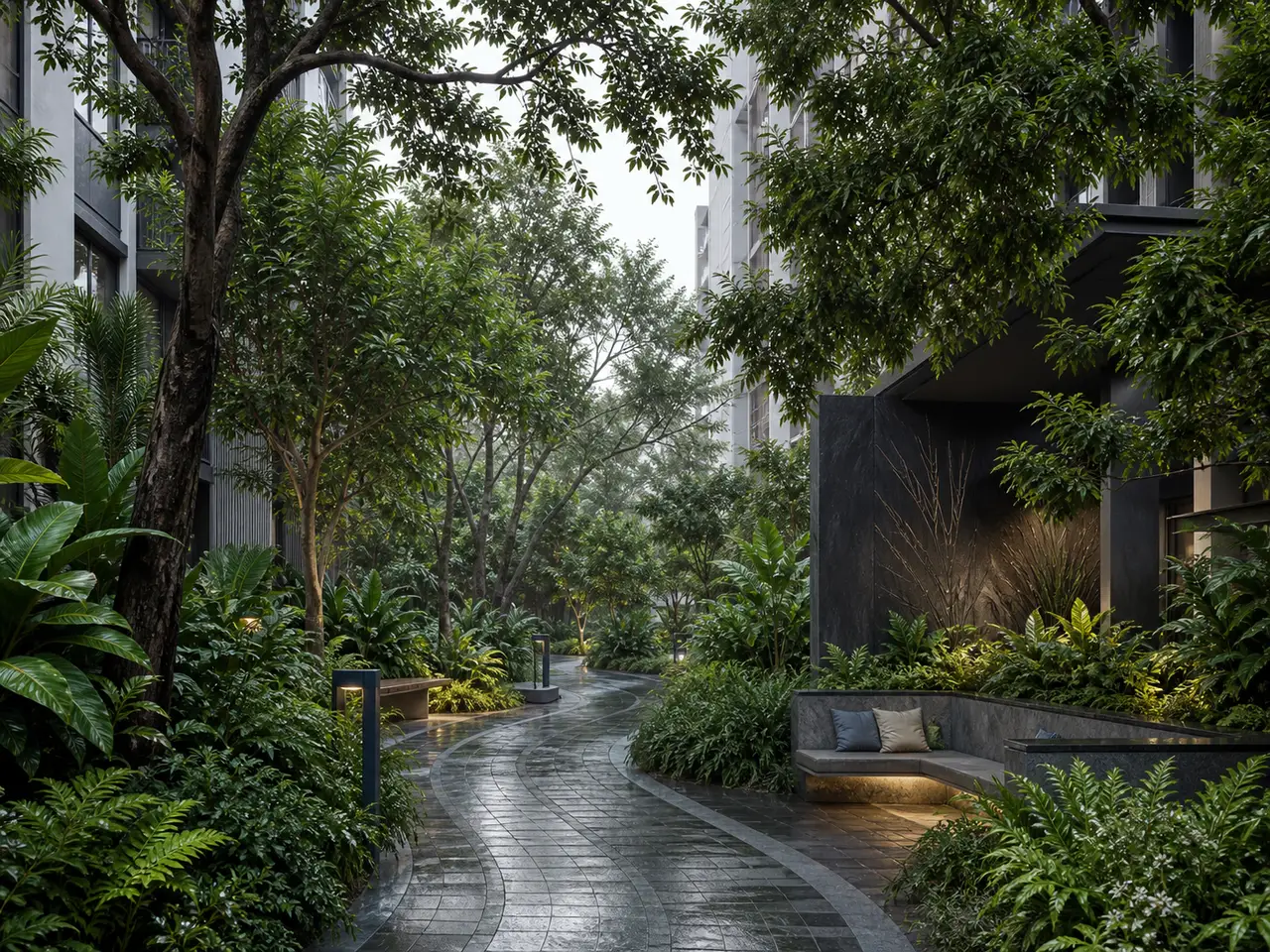 Curving pedestrian walk through a dense residential garden court