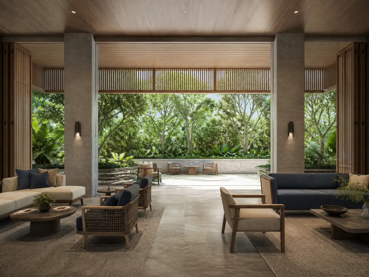 Contemporary shared lounge opening to a shaded tropical garden terrace
