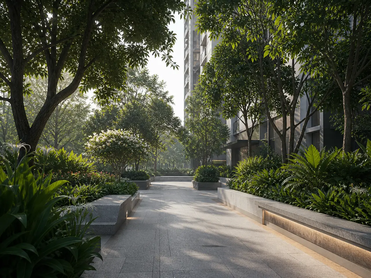 Shaded landscaped pedestrian arrival with dense tropical planting