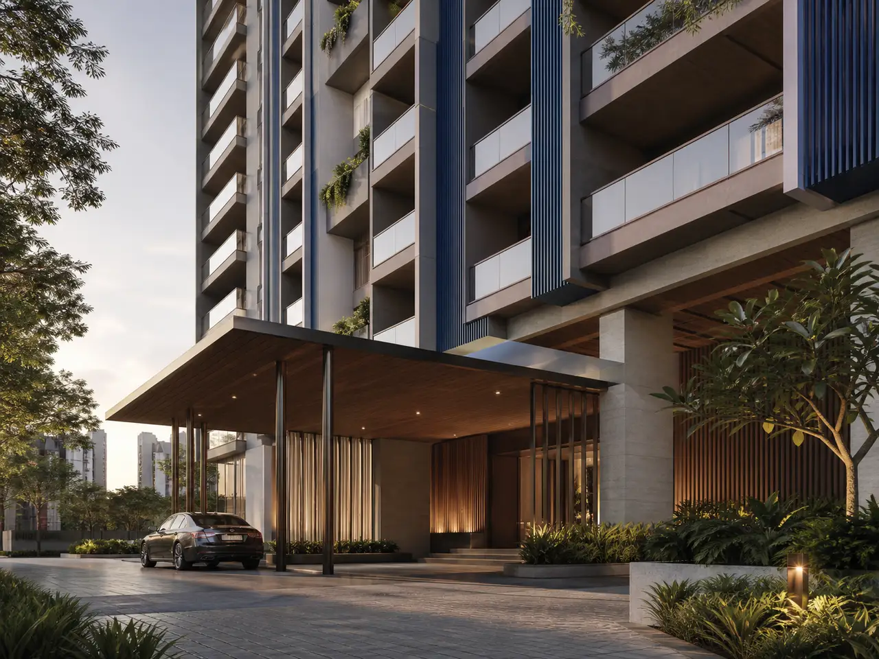 Contemporary residential tower facade above a sheltered landscaped drop-off