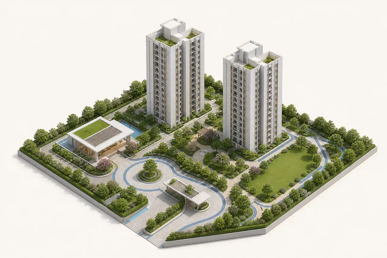 Generalized 3D planning concept with two residential tower masses, a lower community building, landscaped open space and an arrival loop